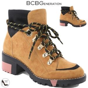 BCBGeneration Nalli Tan Suede Lace-Up Hiker Booties Brown Black Leather Boots 7